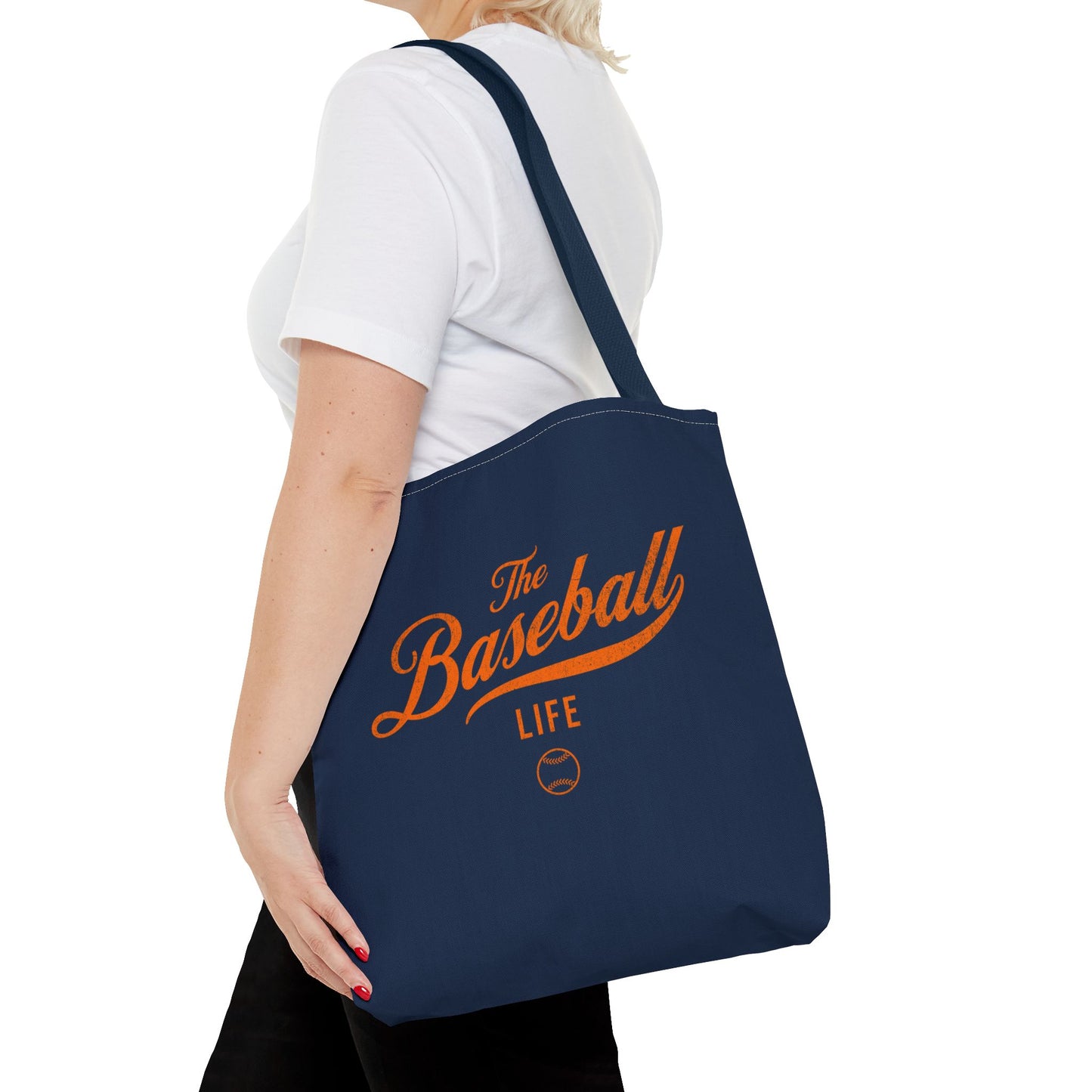 The Baseball Life Tote Bag_Navy w Orange Print