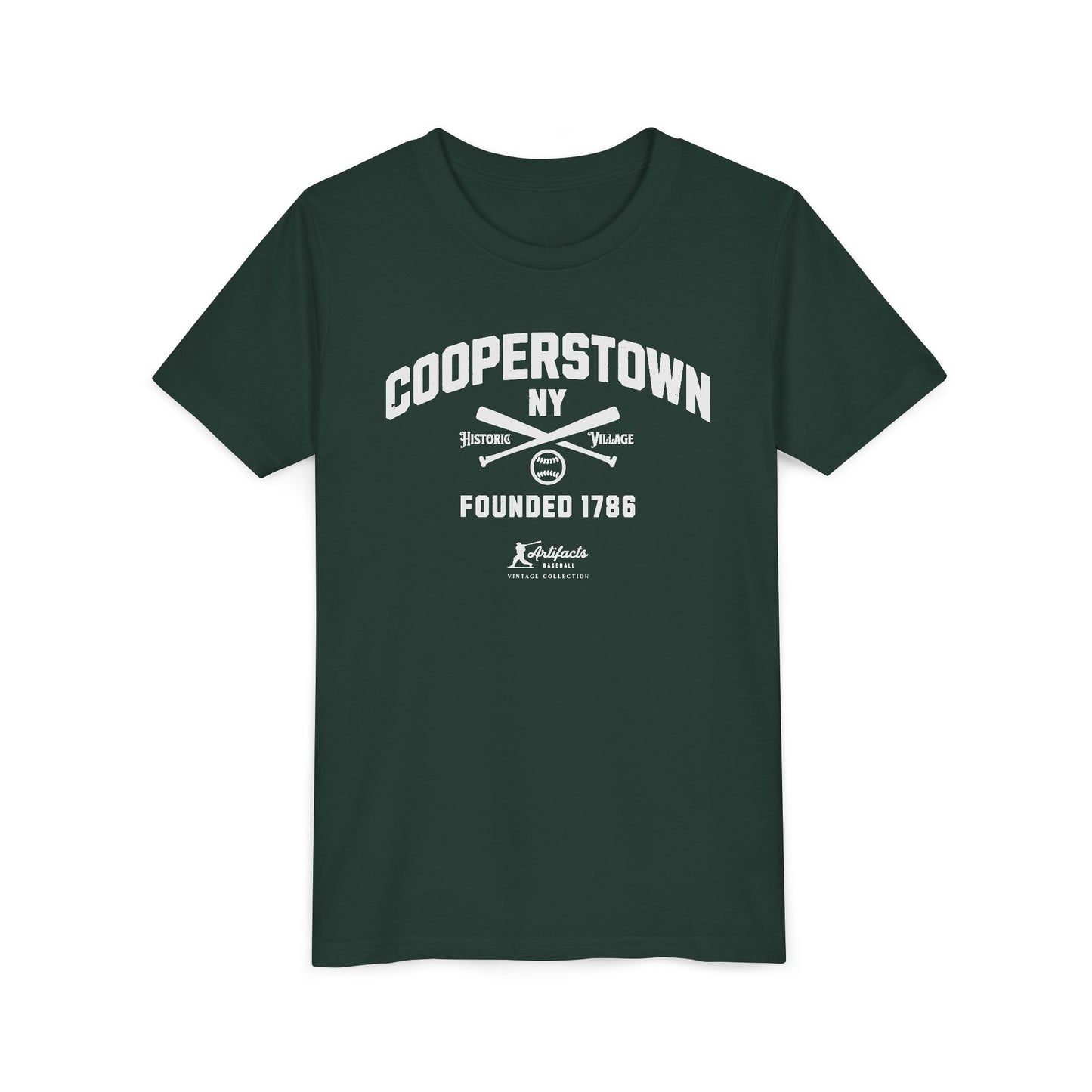 Youth Cooperstown NY White Print_Artifacts Baseball Collection T-Shirt