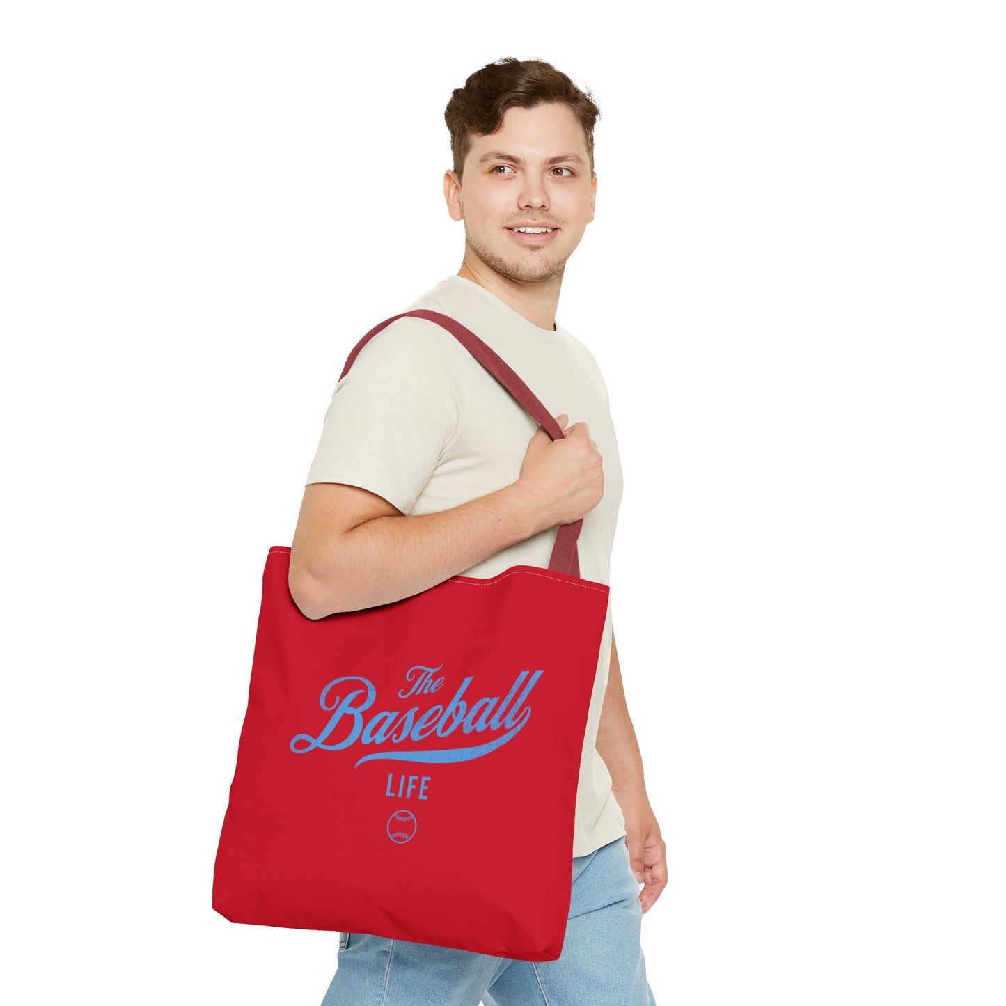 The Baseball Life Tote Bag_Red w Carolina Blue Print