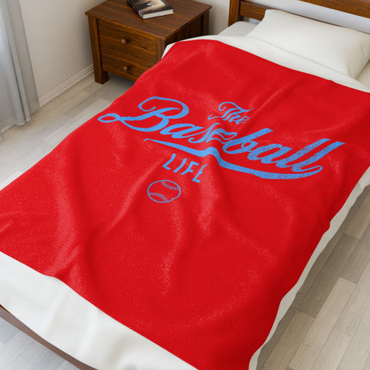 Velveteen Plush Blanket_Bright Red with Carolina Blue Print