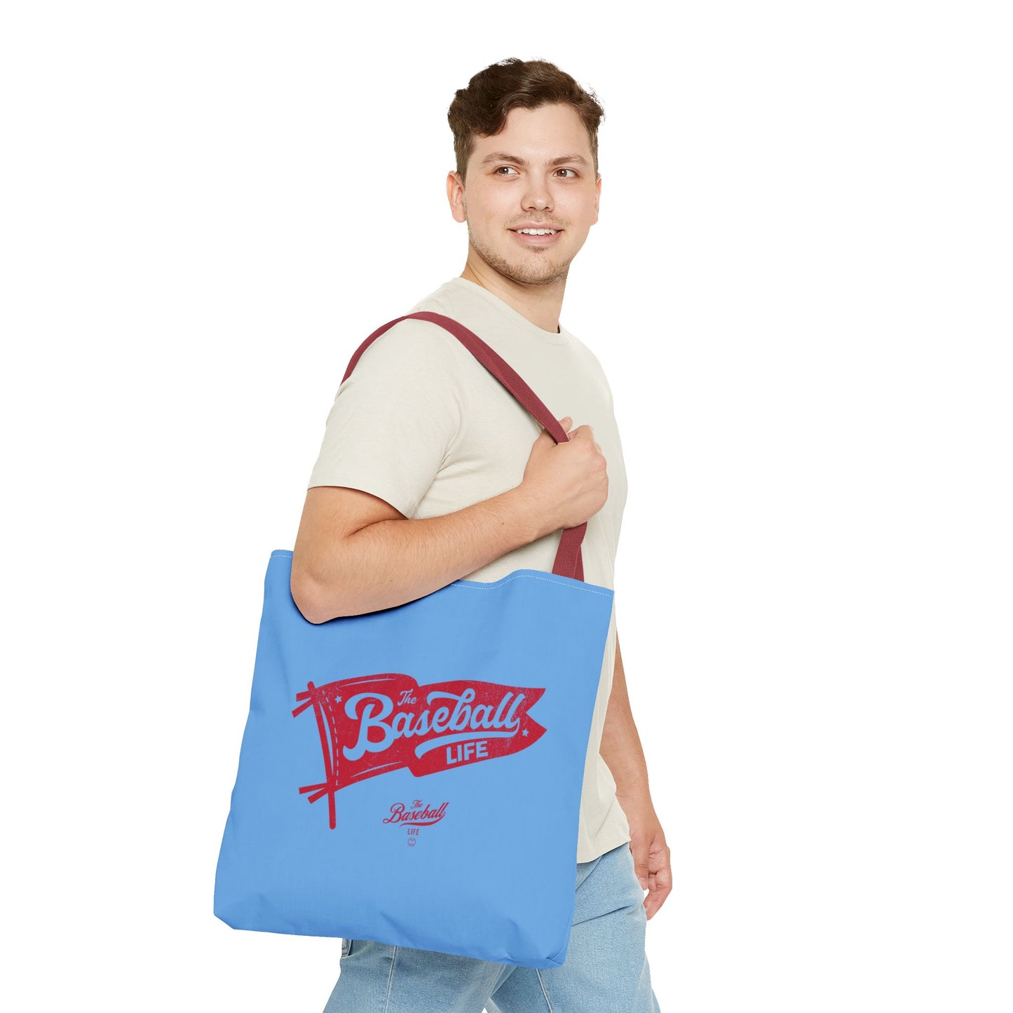 Vintage Pennant Tote Bag_Red Print on Carolina Blue