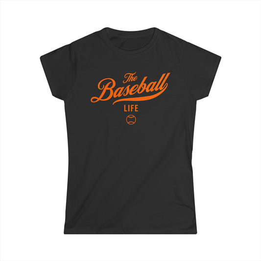 A women's black cap-sleeve t-shirt with an orange The Baseball Life logo printed across the chest.