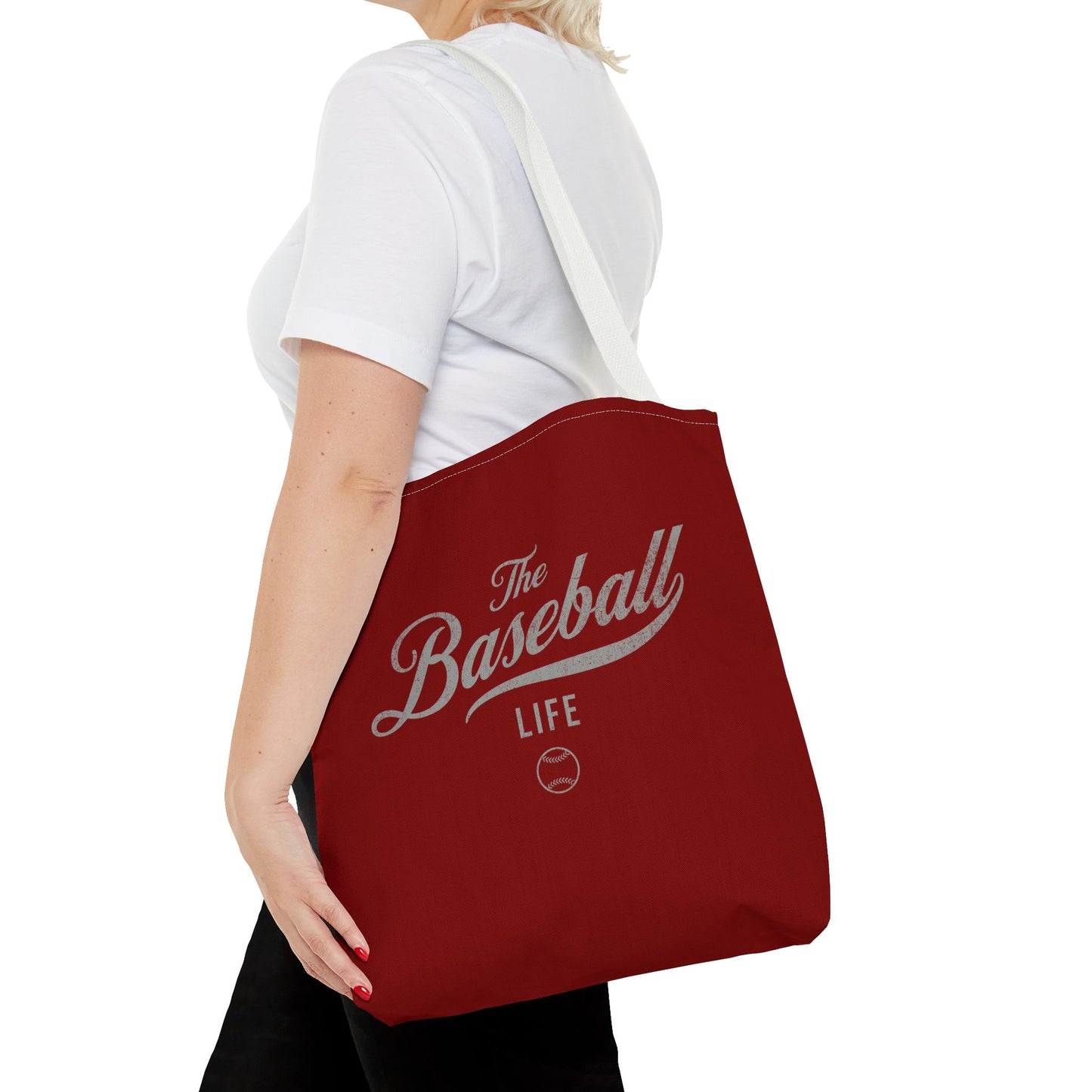 The Baseball Life Tote Bag_Maroon w Silver Gray Print