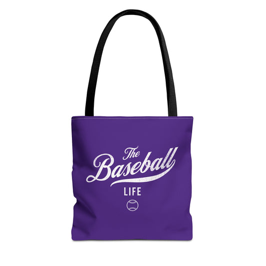 The Baseball Life Tote Bag_Purple w White Print