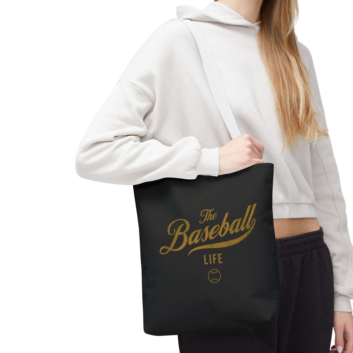 The Baseball Life Tote Bag_Black w Old Gold Print