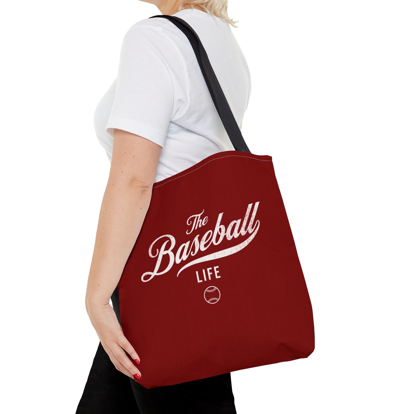 The Baseball Life Tote Bag_Maroon w White Print