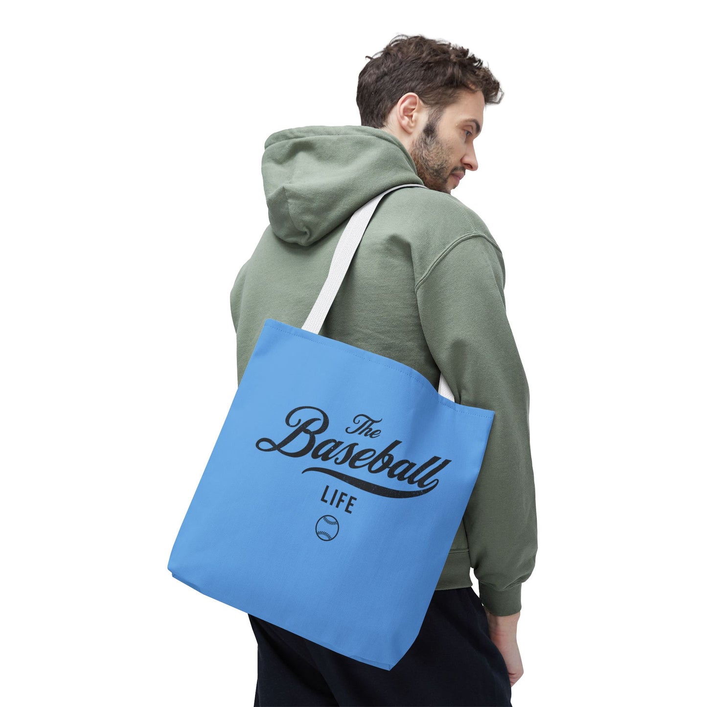 The Baseball Life Tote Bag_Carolina Blue w Black Print