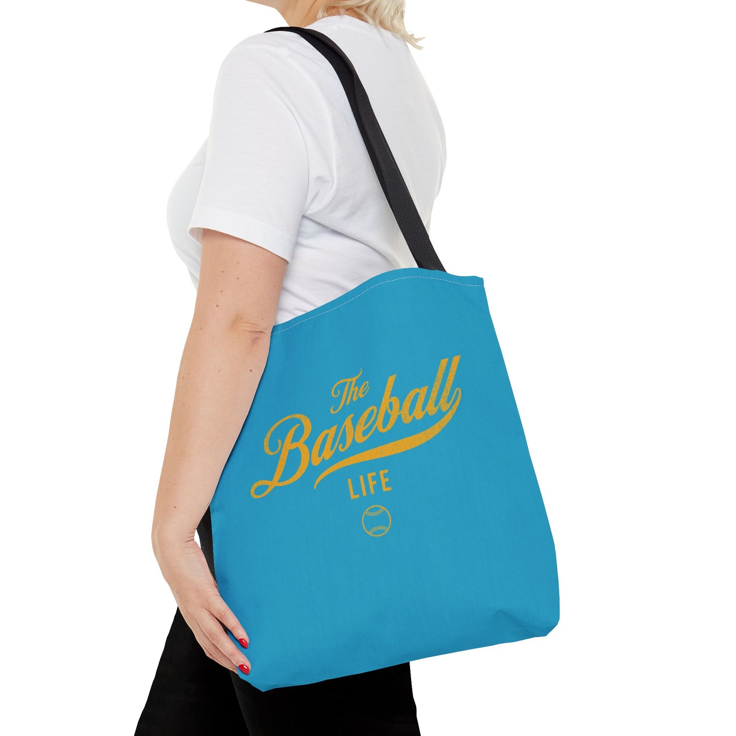 The Baseball Life Tote Bag_Turquoise w Yellow Gold Print