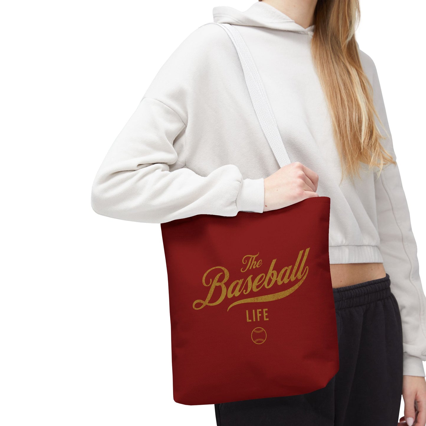 The Baseball Life Tote Bag_Maroon w Old Gold Print