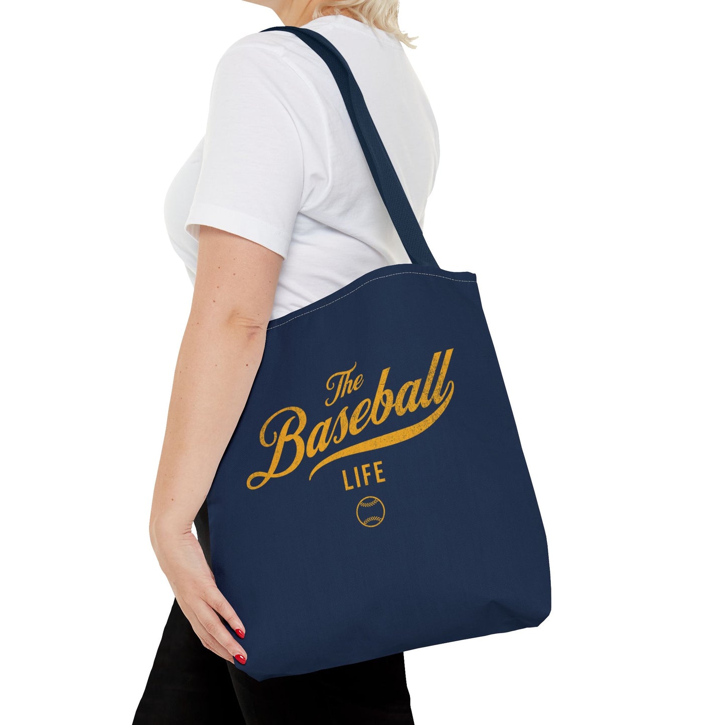 The Baseball Life Tote Bag_Navy w Yellow Gold Print