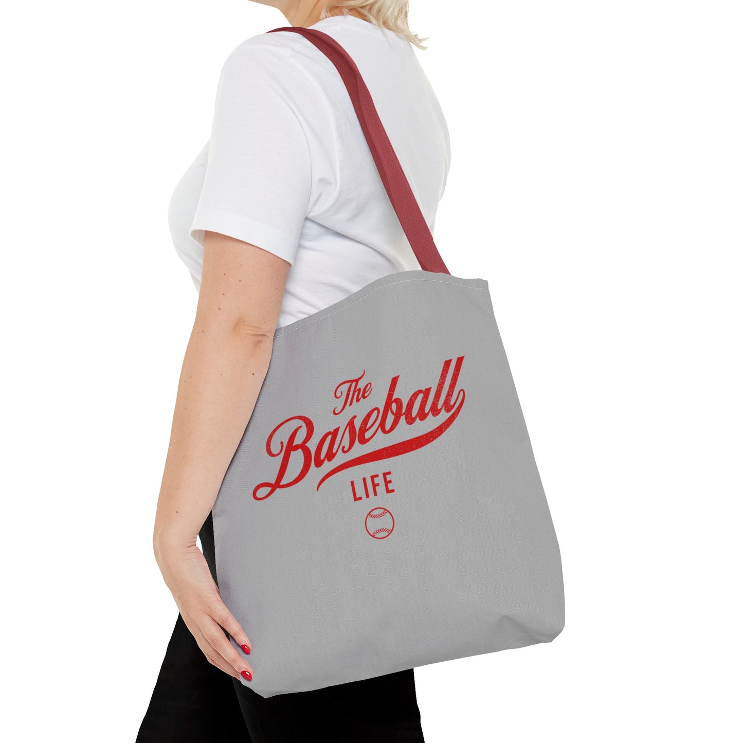 The Baseball Life Tote Bag_Gray w Red Print