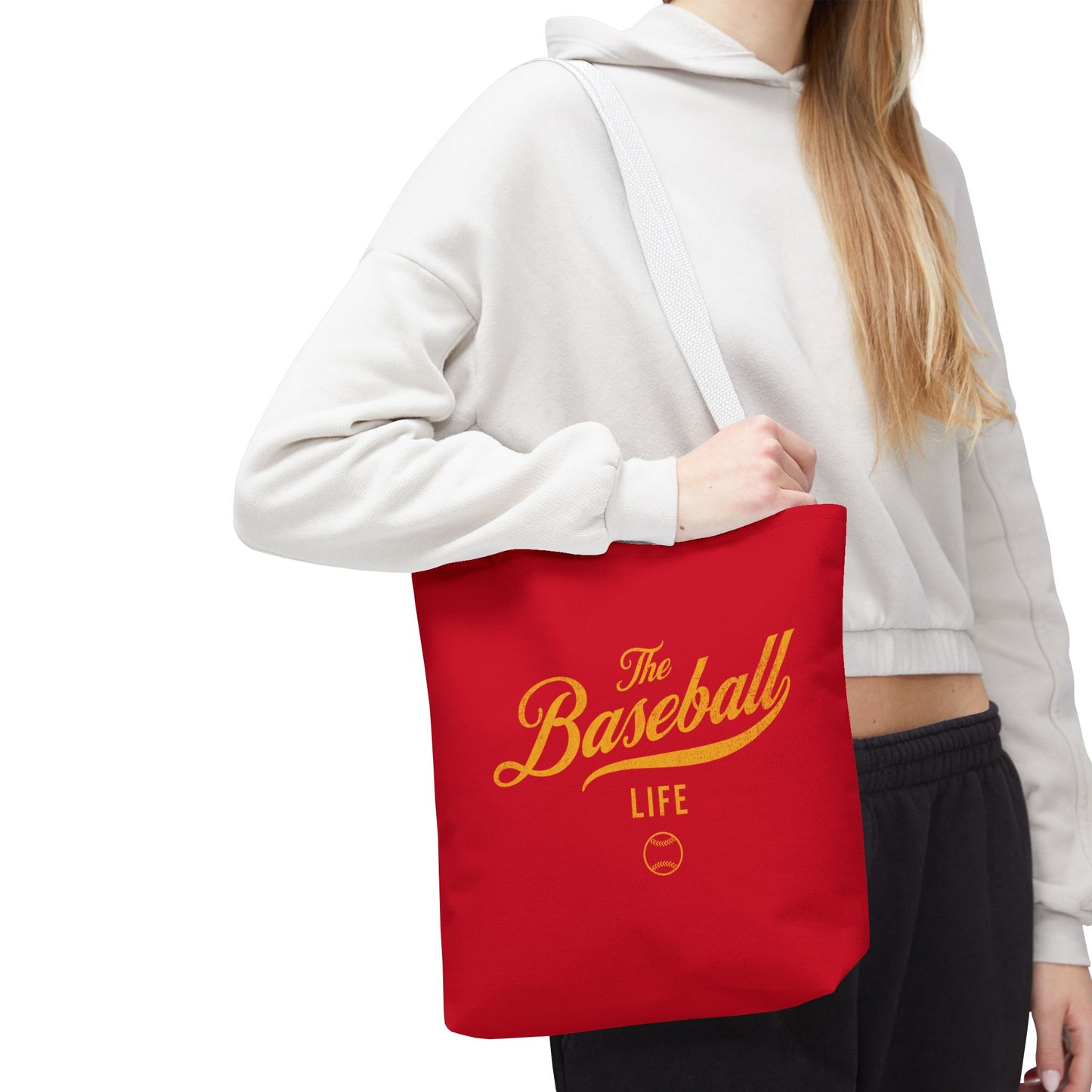 The Baseball Life Tote Bag_Red w Yellow Gold Print