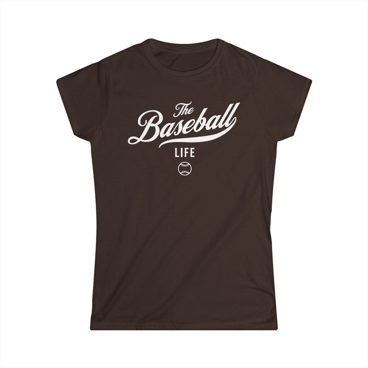 A women's chocolate brown cap-sleeve crewneck t-shirt with a white logo graphic on the front reading 'The Baseball Life' and a small baseball icon, displayed on a solid white background.