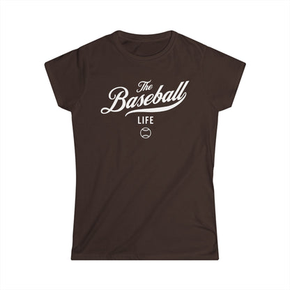 A women's chocolate brown cap-sleeve crewneck t-shirt with a white logo graphic on the front reading 'The Baseball Life' and a small baseball icon, displayed on a solid white background.