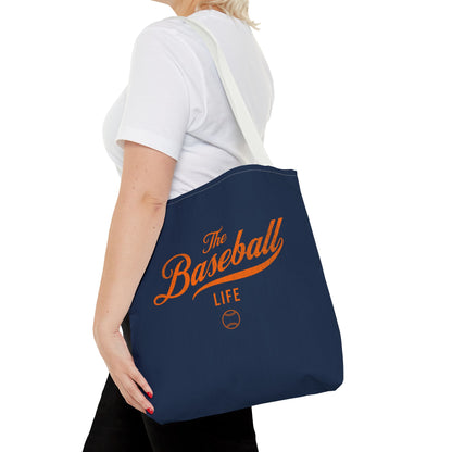 The Baseball Life Tote Bag_Navy w Orange Print