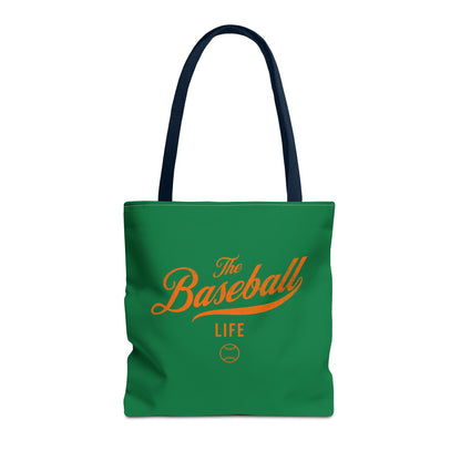 The Baseball Life Tote Bag_Green w Orange Print