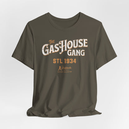 A army brown short-sleeve t-shirt with a vintage-style graphic print reading 'The Gas House Gang STL 1934' and a small 'Artifacts Collection' logo.
