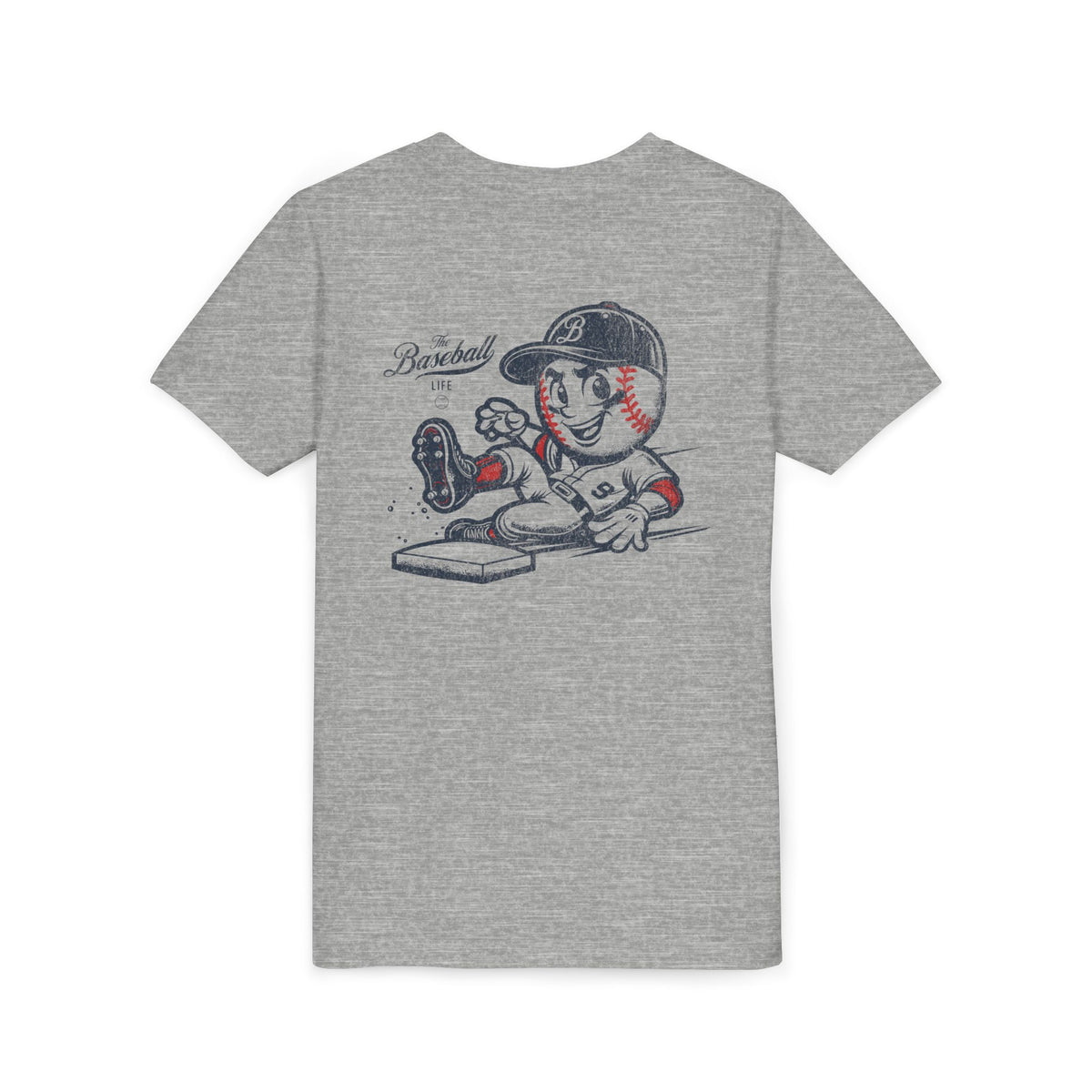 An athletic heather grey t-shirt with a baseball mascot wearing a baseball uniform sliding into a base, kicking up dirt.