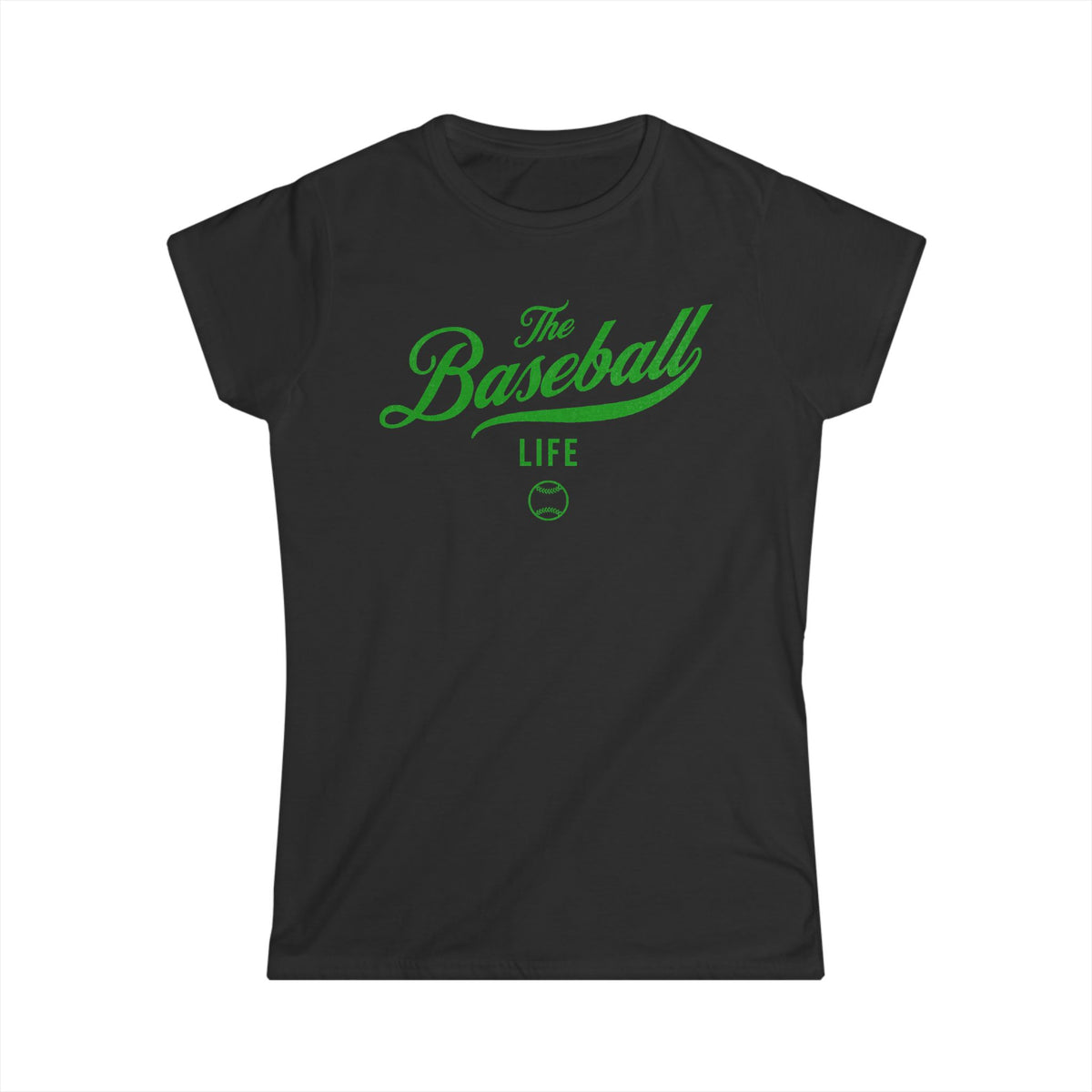 A women's black cap-sleeve t-shirt with a green The Baseball Life logo printed across the chest.