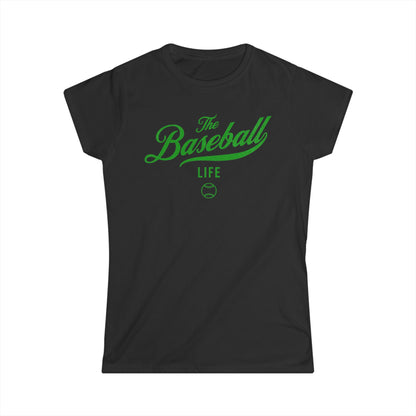 A women's black cap-sleeve t-shirt with a green The Baseball Life logo printed across the chest.