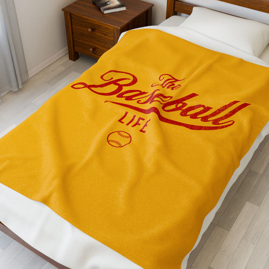 Velveteen Plush Blanket_Yellow Gold with Red Print