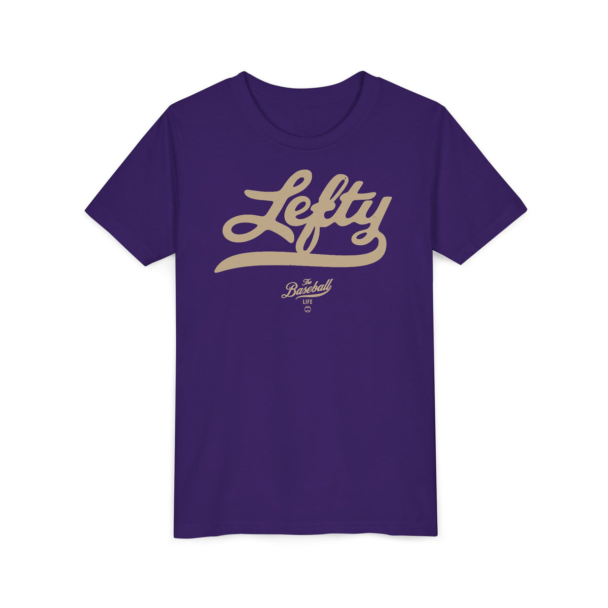 A purple youth baseball t-shirt with vintage script lettering "Lefty" printed across the chest.