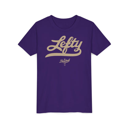 A purple youth baseball t-shirt with vintage script lettering "Lefty" printed across the chest.