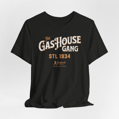 A black short-sleeve t-shirt with a vintage-style graphic print reading 'The Gas House Gang STL 1934' and a small 'Artifacts Collection' logo.