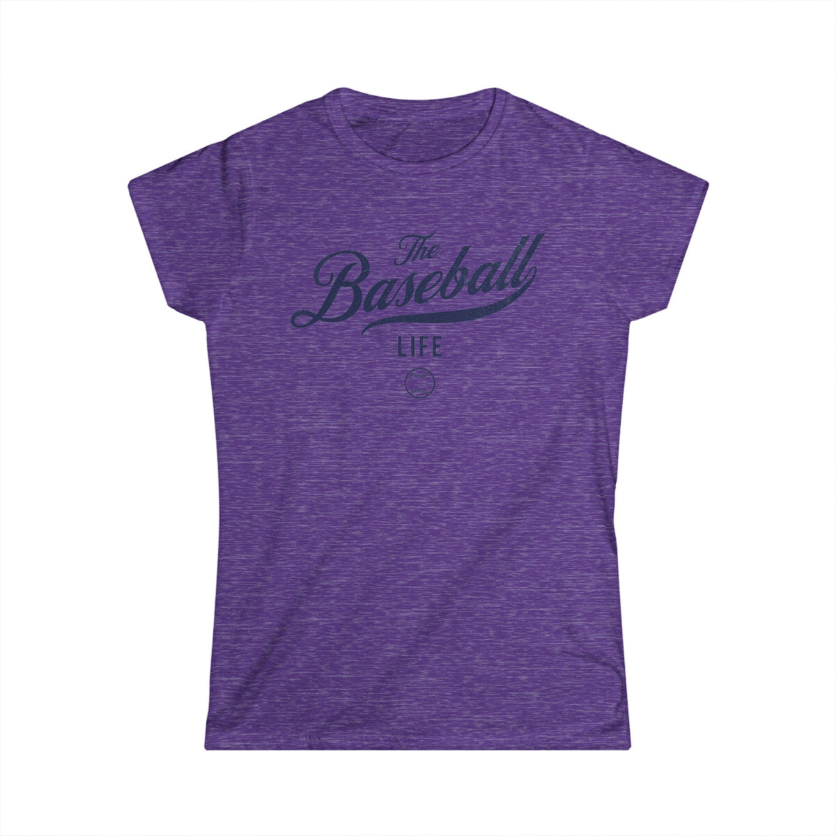 A women's heather purple cap-sleeve t-shirt with a navy blue The Baseball Life logo printed across the chest.