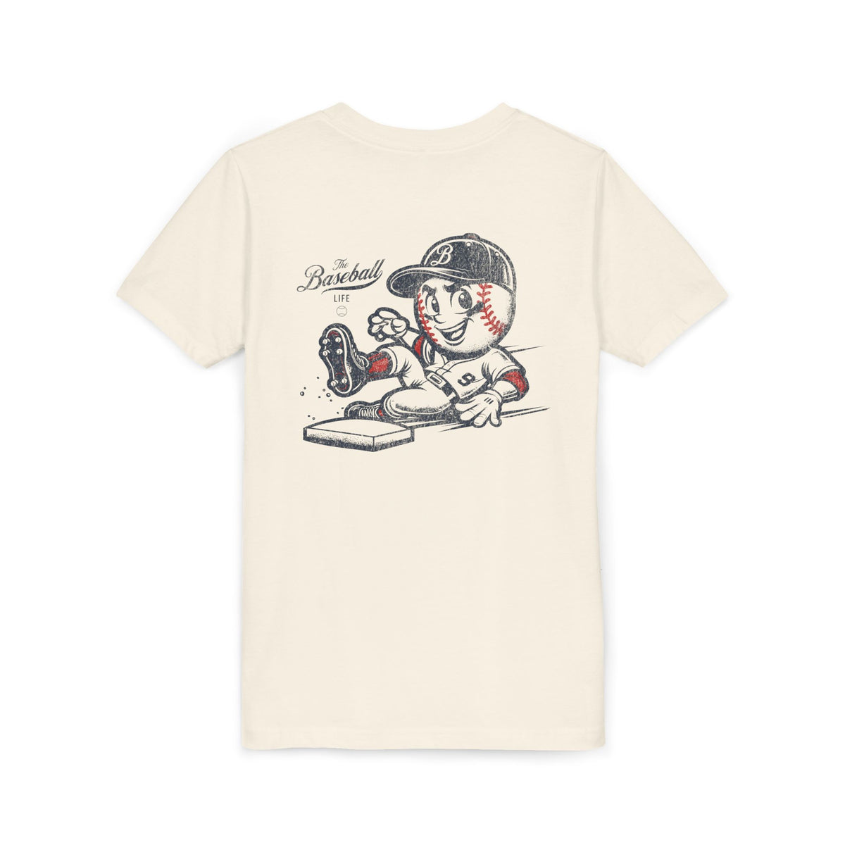 An off-white natural t-shirt with a baseball mascot wearing a baseball uniform sliding into a base, kicking up dirt.