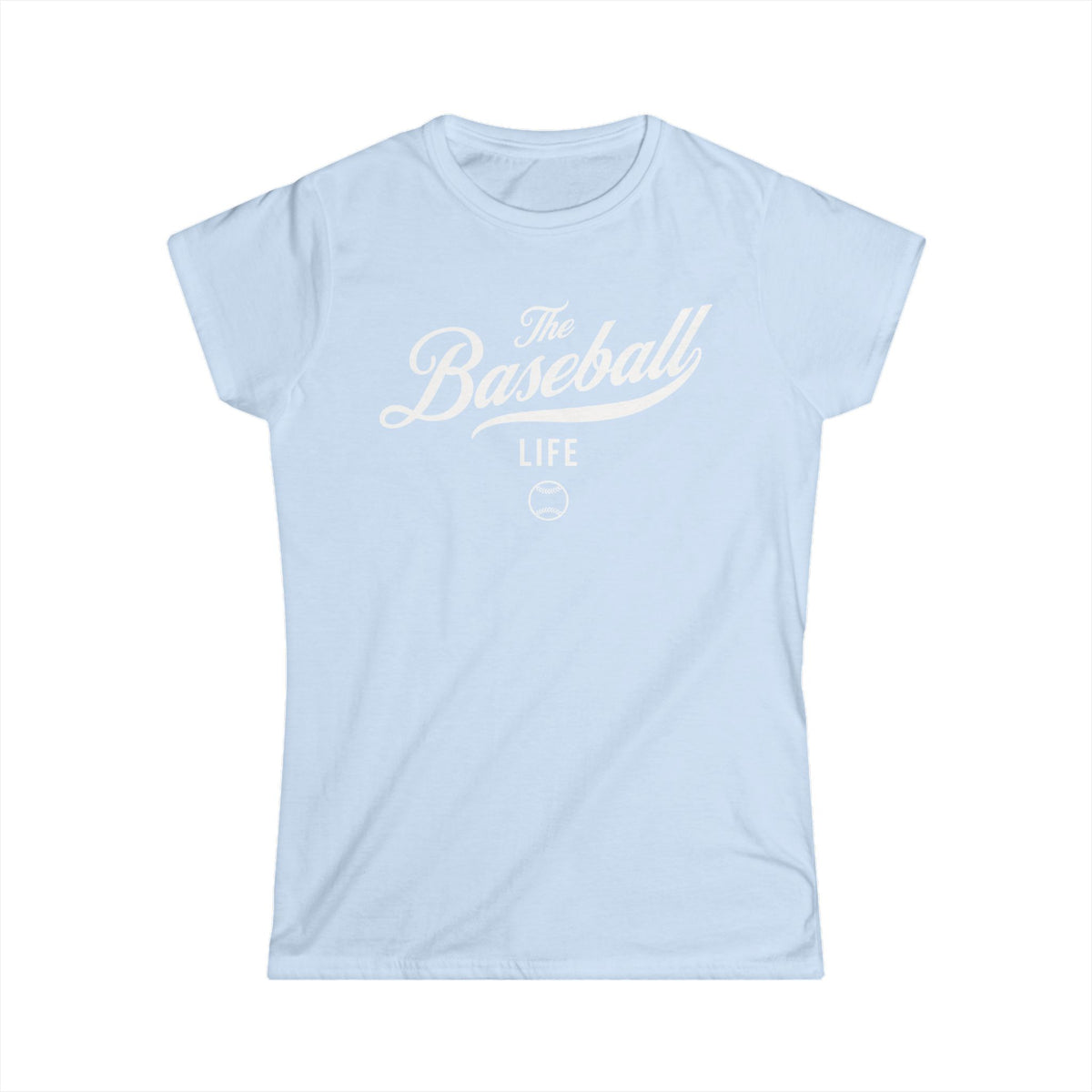 A women's light blue cap-sleeve crewneck t-shirt with a white logo graphic on the front reading 'The Baseball Life' and a small baseball icon, displayed on a solid white background.