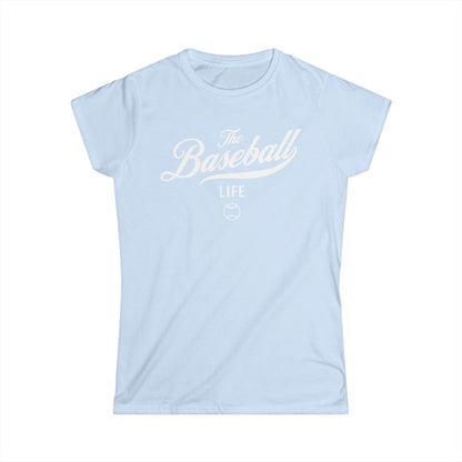 A women's light blue cap-sleeve crewneck t-shirt with a white logo graphic on the front reading 'The Baseball Life' and a small baseball icon, displayed on a solid white background.