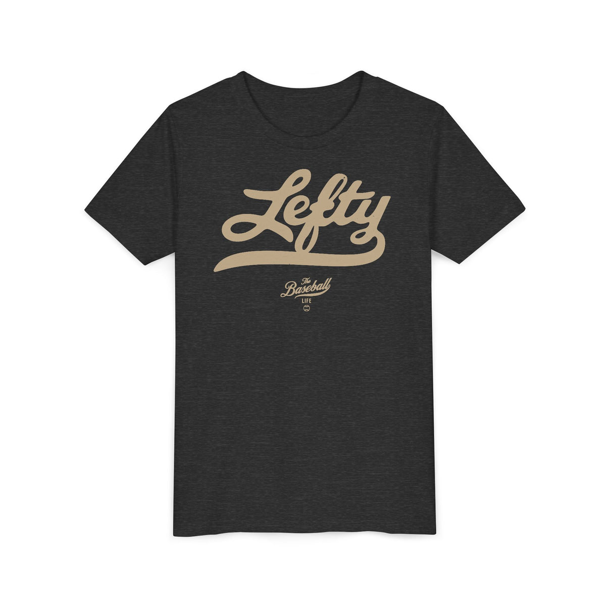 A dark grey heather youth baseball t-shirt with vintage script lettering "Lefty" printed across the chest.