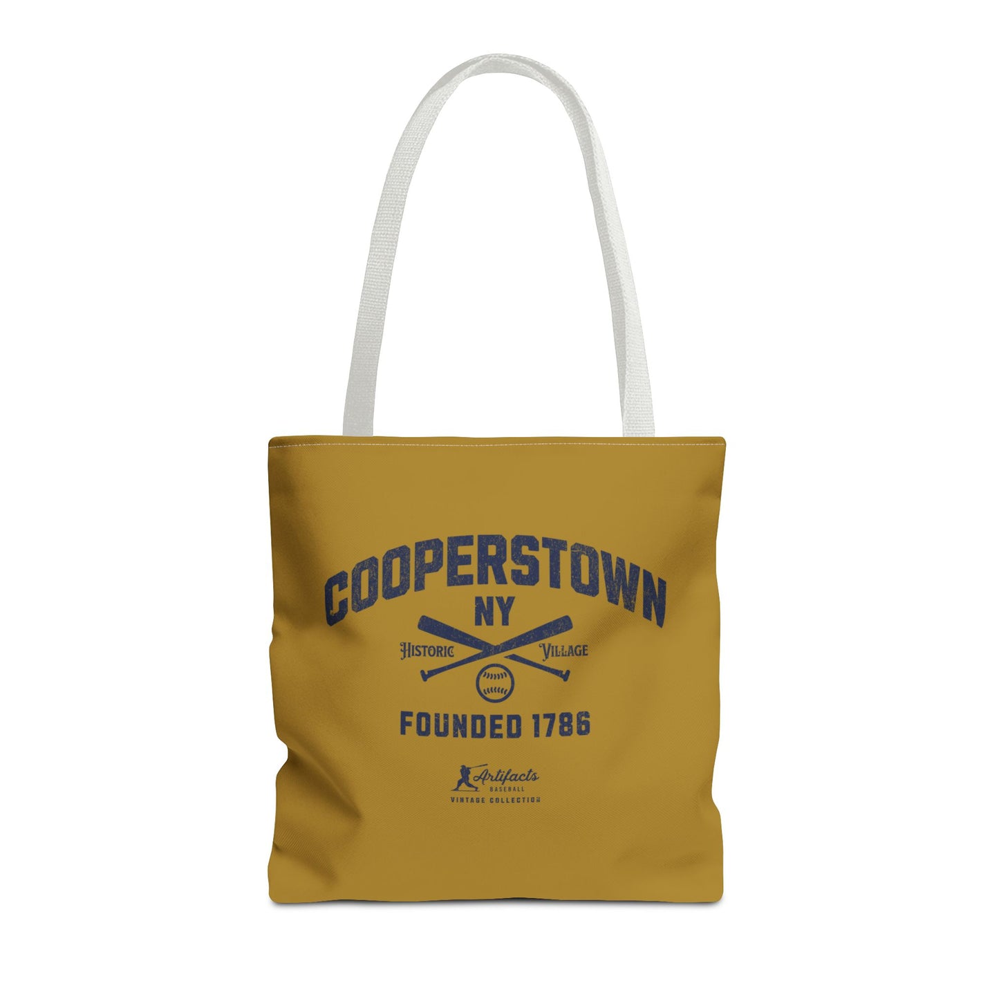 Cooperstown, NY Tote Bag_Old Gold w Navy Print