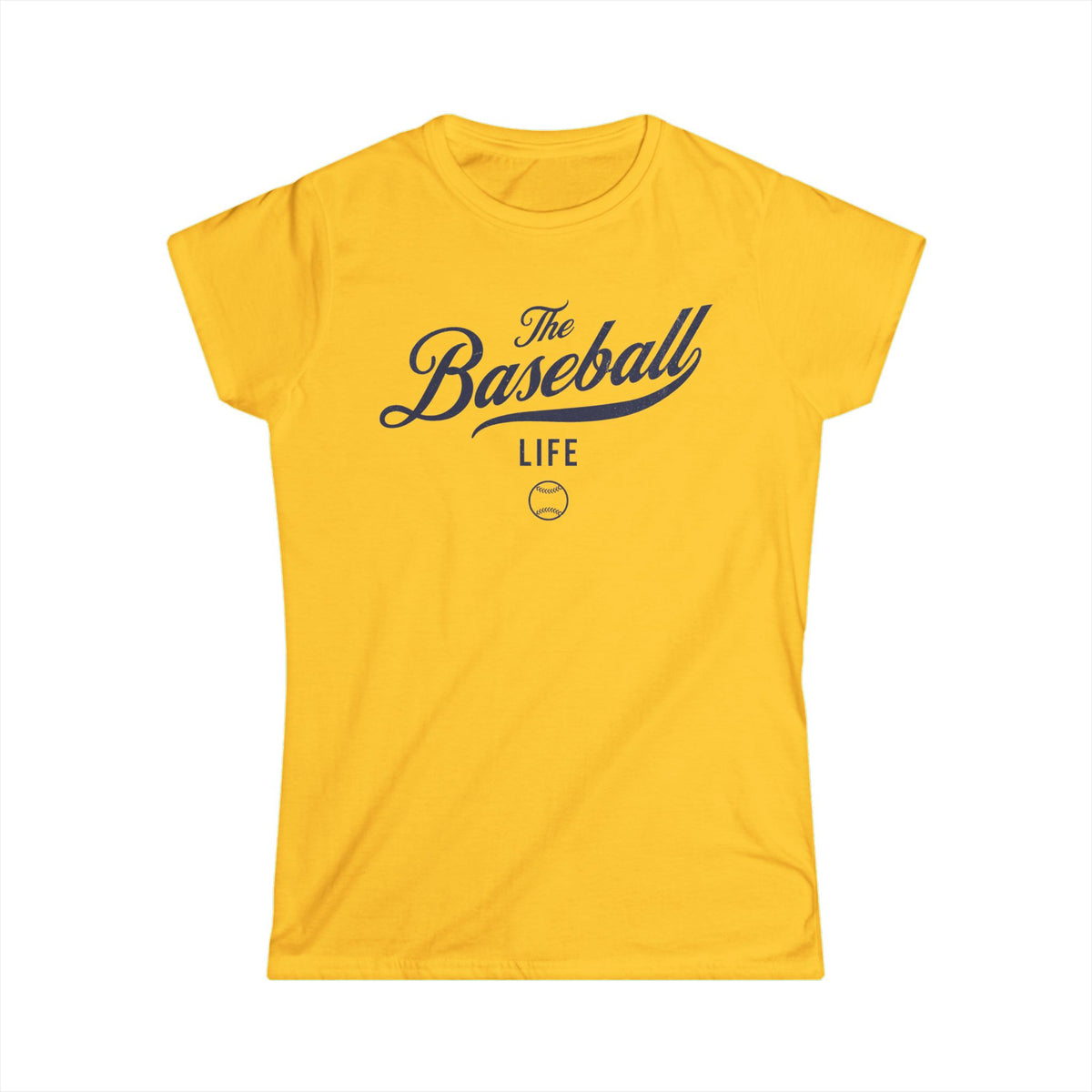 A women's daisy yellow cap-sleeve t-shirt with a navy blue The Baseball Life logo printed across the chest.
