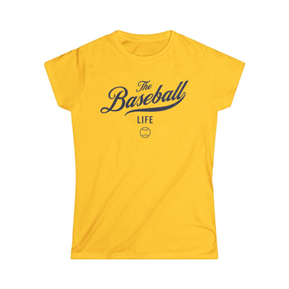A women's daisy yellow cap-sleeve t-shirt with a navy blue The Baseball Life logo printed across the chest.