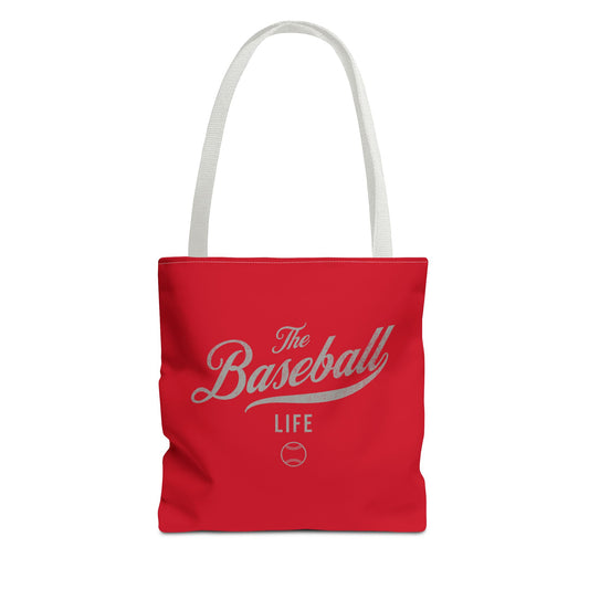The Baseball Life Tote Bag_Red w Silver Gray Print