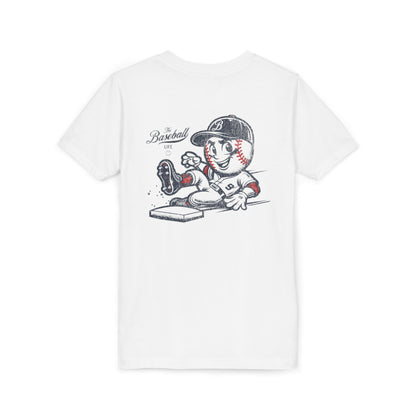 A white t-shirt with a baseball mascot wearing a baseball uniform sliding into a base, kicking up dirt.