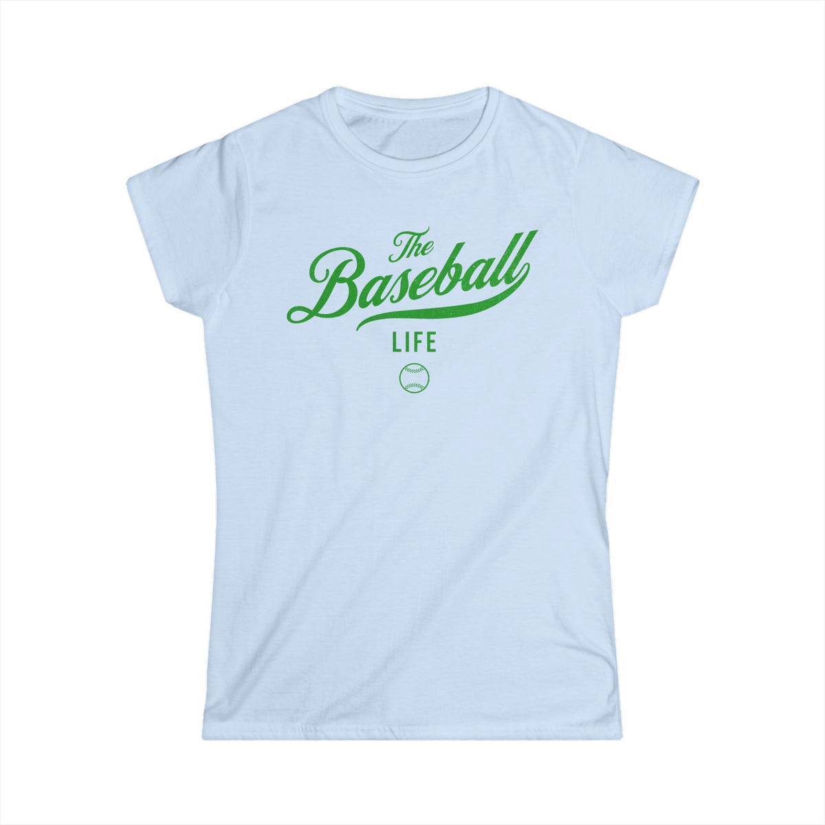 A women's light blue cap-sleeve t-shirt with a green The Baseball Life logo printed across the chest.
