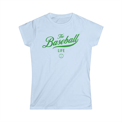 A women's light blue cap-sleeve t-shirt with a green The Baseball Life logo printed across the chest.