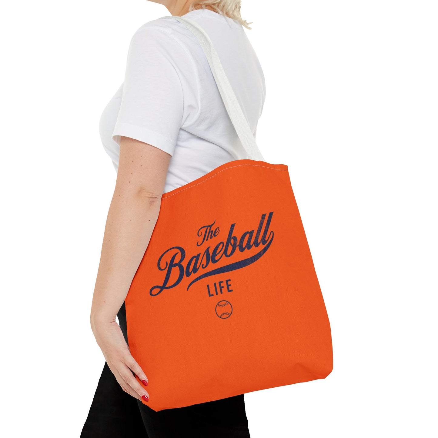 The Baseball Life Tote Bag_Orange w Navy Print