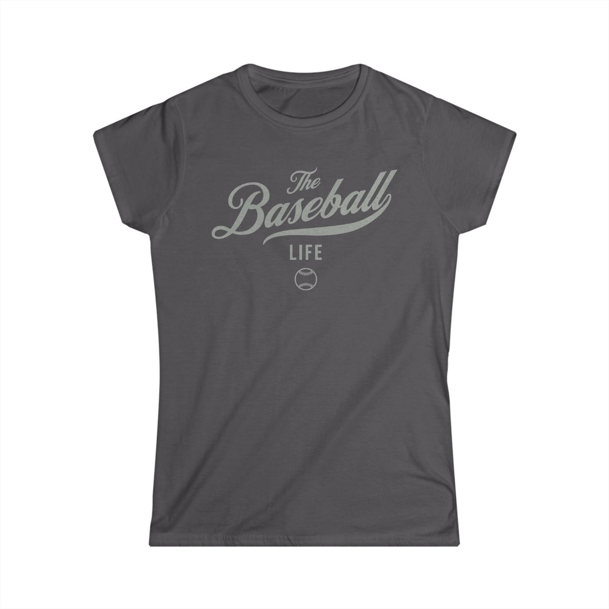 A women's charcoal grey cap-sleeve t-shirt with a silver gray The Baseball Life logo printed across the chest.