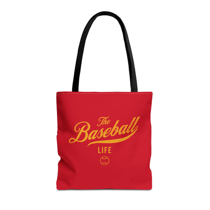 The Baseball Life Tote Bag_Red w Yellow Gold Print