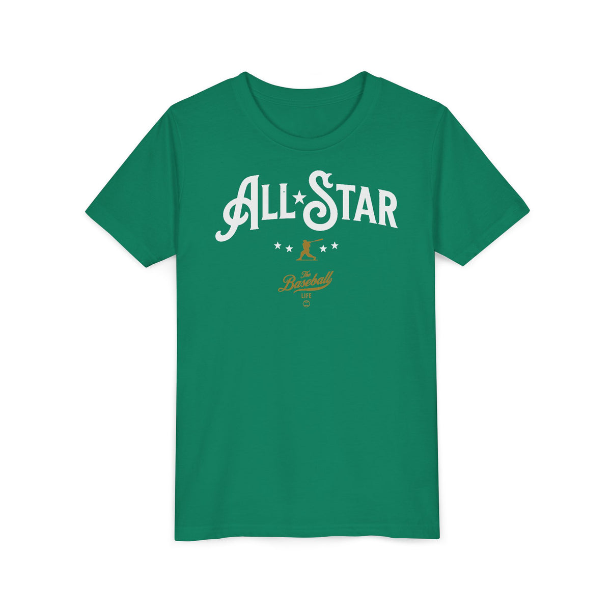 A green t-shirt with All-Star in vintage-style lettering across the chest, with a nostalgic baseball player and stars.