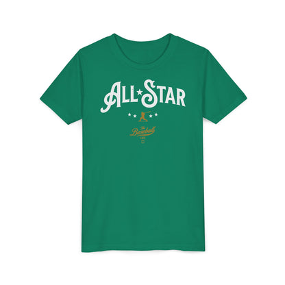 A green t-shirt with All-Star in vintage-style lettering across the chest, with a nostalgic baseball player and stars.