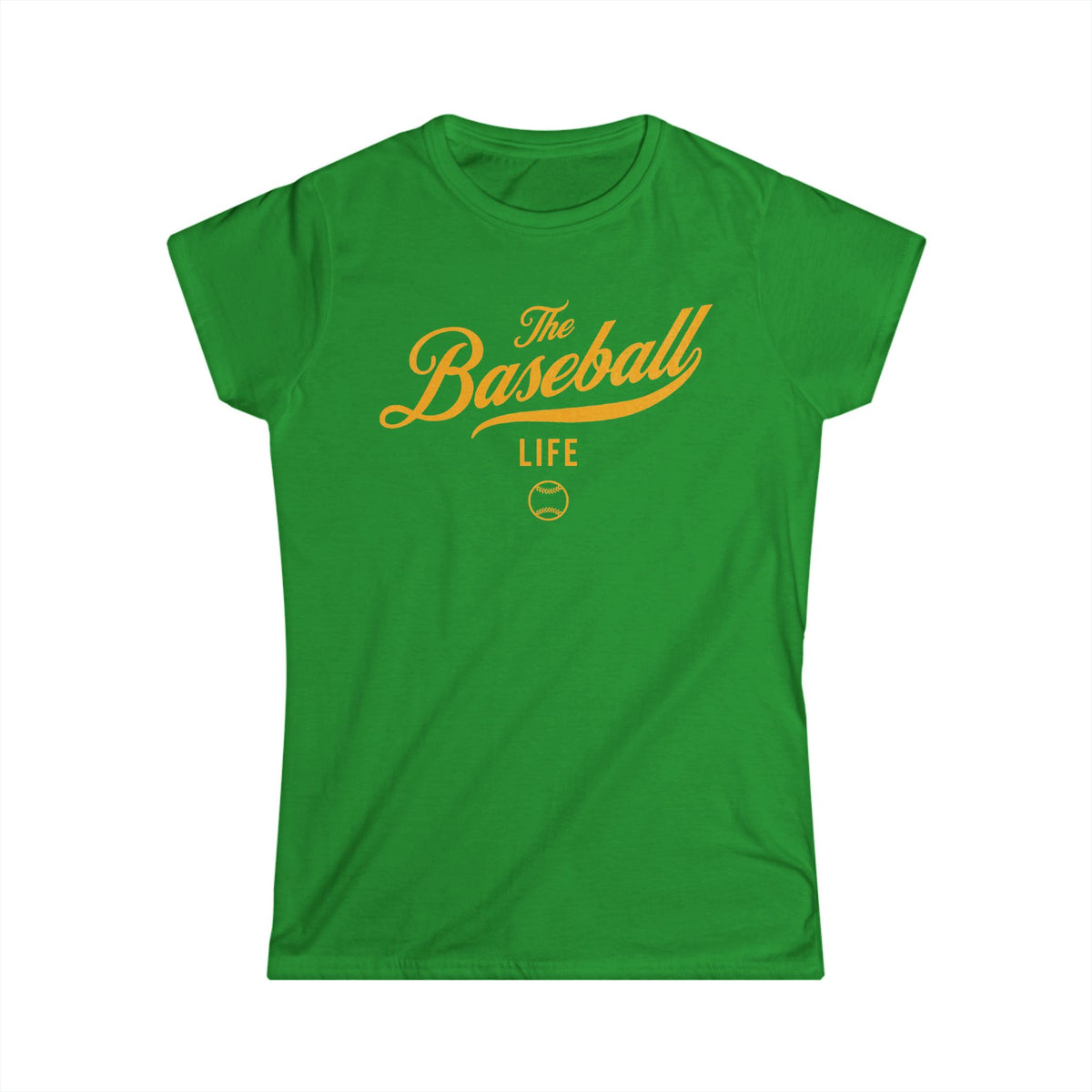 A women's Irish green cap-sleeve crewneck t-shirt with a yellow gold logo graphic on the front reading 'The Baseball Life' and a small baseball icon, displayed on a solid white background.