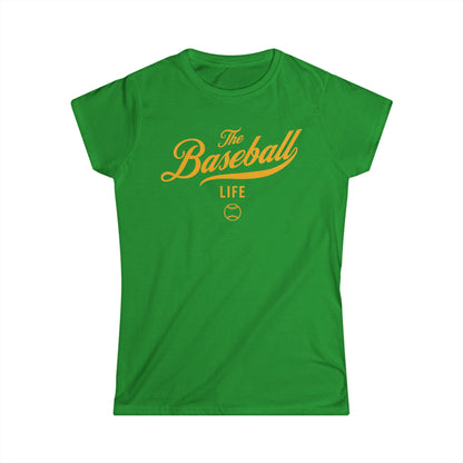 A women's Irish green cap-sleeve crewneck t-shirt with a yellow gold logo graphic on the front reading 'The Baseball Life' and a small baseball icon, displayed on a solid white background.