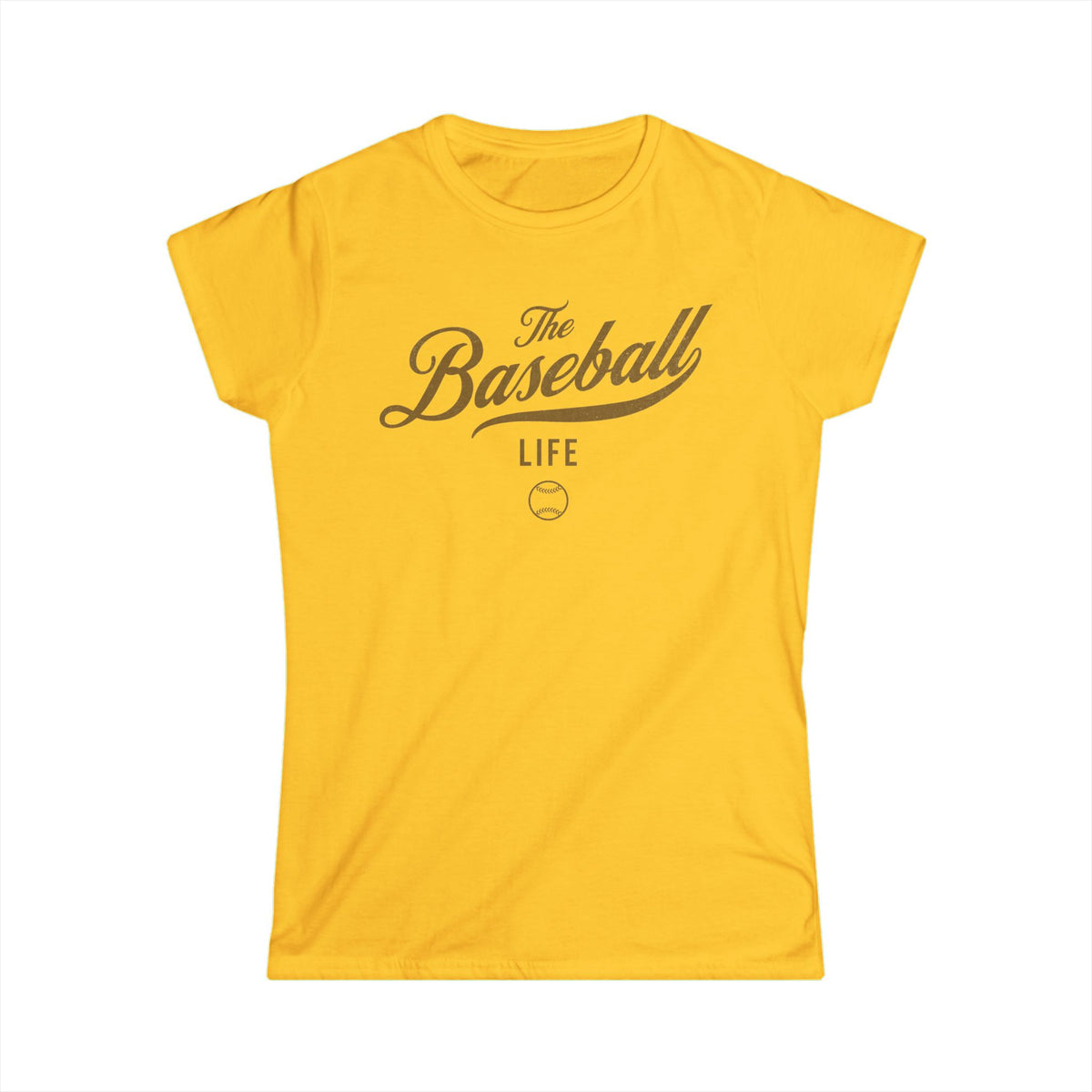 A women's daisy yellow cap-sleeve crewneck t-shirt with an Old Gold logo graphic on the front reading 'The Baseball Life' and a small baseball icon, displayed on a solid white background.