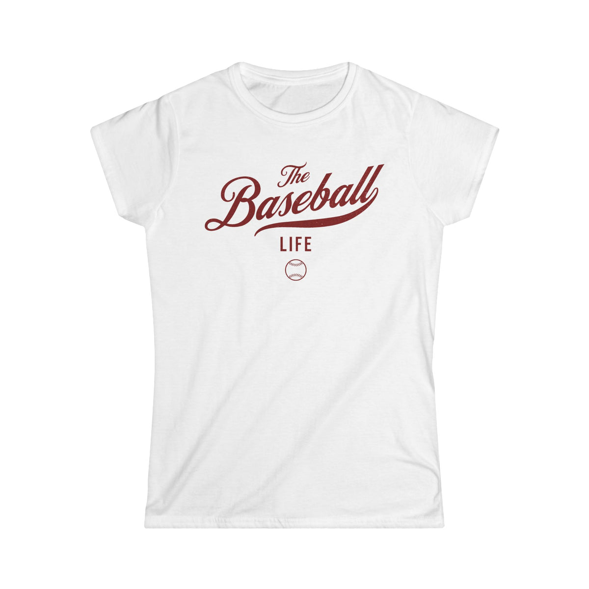 A women's white cap-sleeve crewneck t-shirt with a maroon logo graphic on the front reading 'The Baseball Life' and a small baseball icon, displayed on a solid white background.