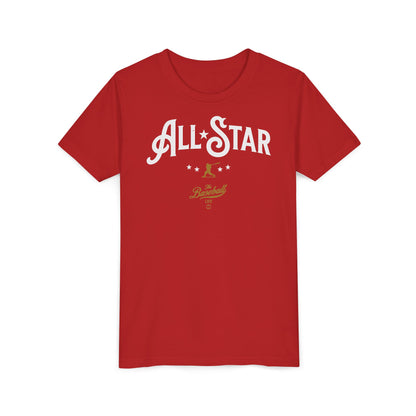 A red t-shirt with All-Star in vintage-style lettering across the chest, with a nostalgic baseball player and stars.